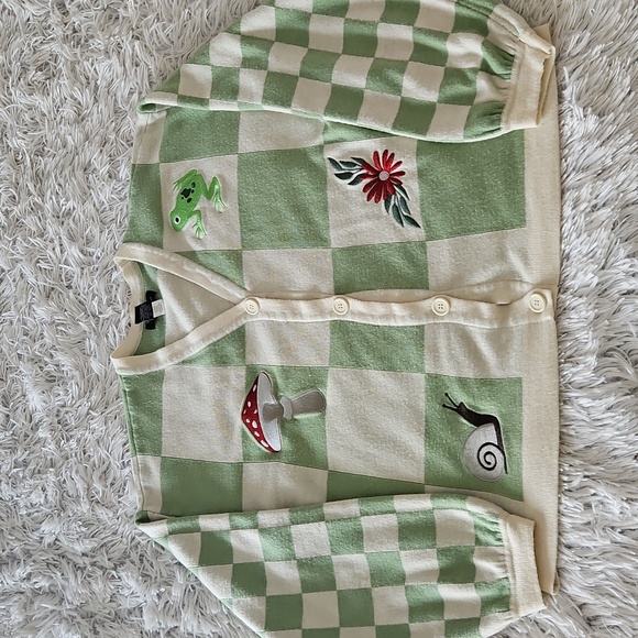 Thorn & Fable Sweaters - Thorn & Fable Patch Checkered Cardigan Embroidered Mushroom Green White Womens L